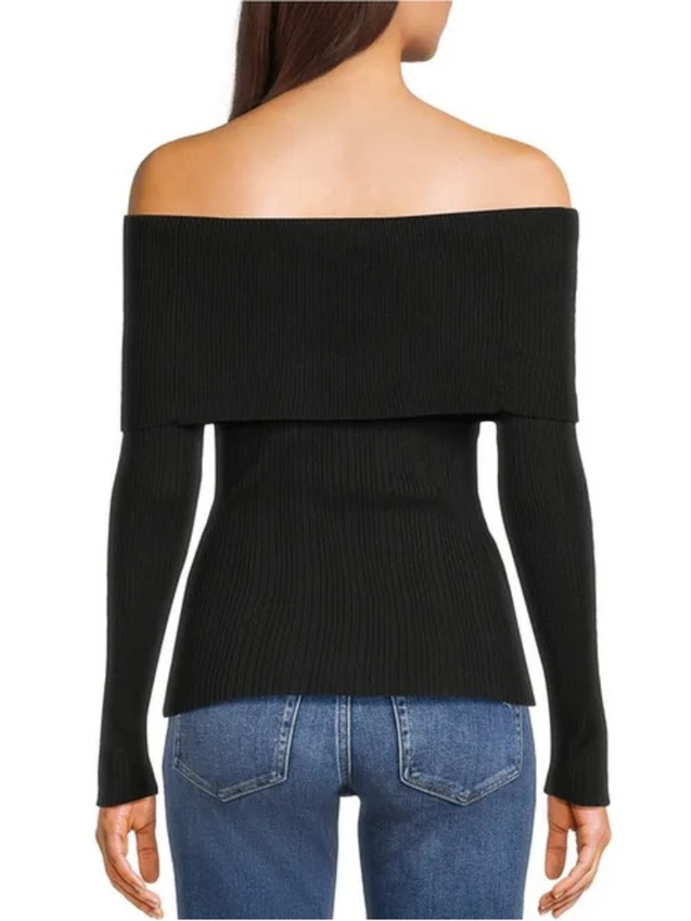 Off-the-Shoulder Black Ribbed Long Sleeve Top